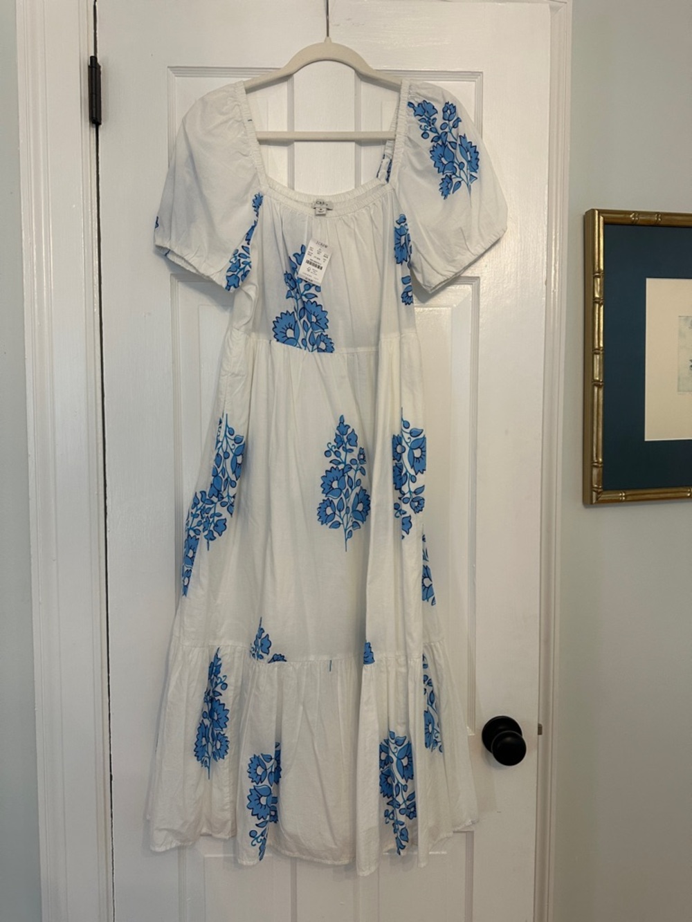 J. Crew Factory White Maxi Dress with Blue Floral Embroidery